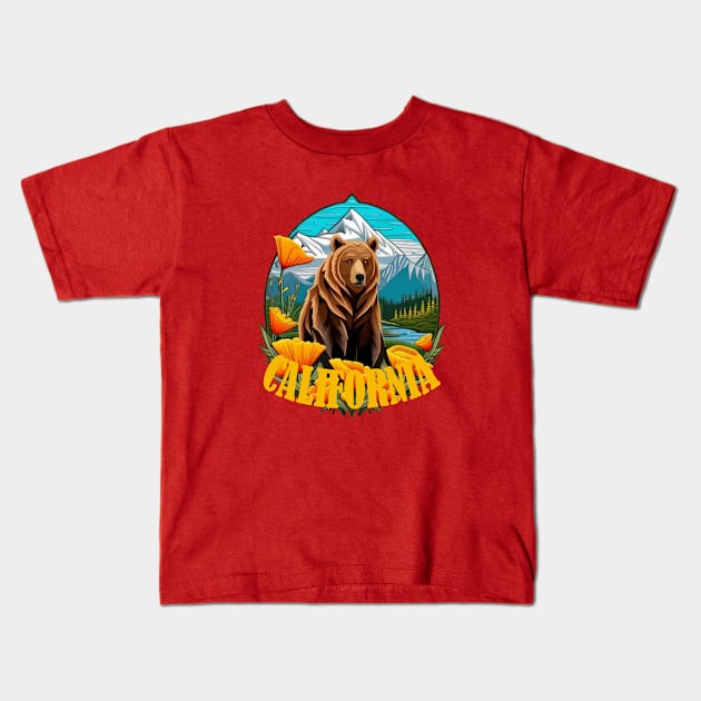 Bear In Mountain Landscape Surrounded By Orange California Poppies 2 Kids T-Shirt by taiche